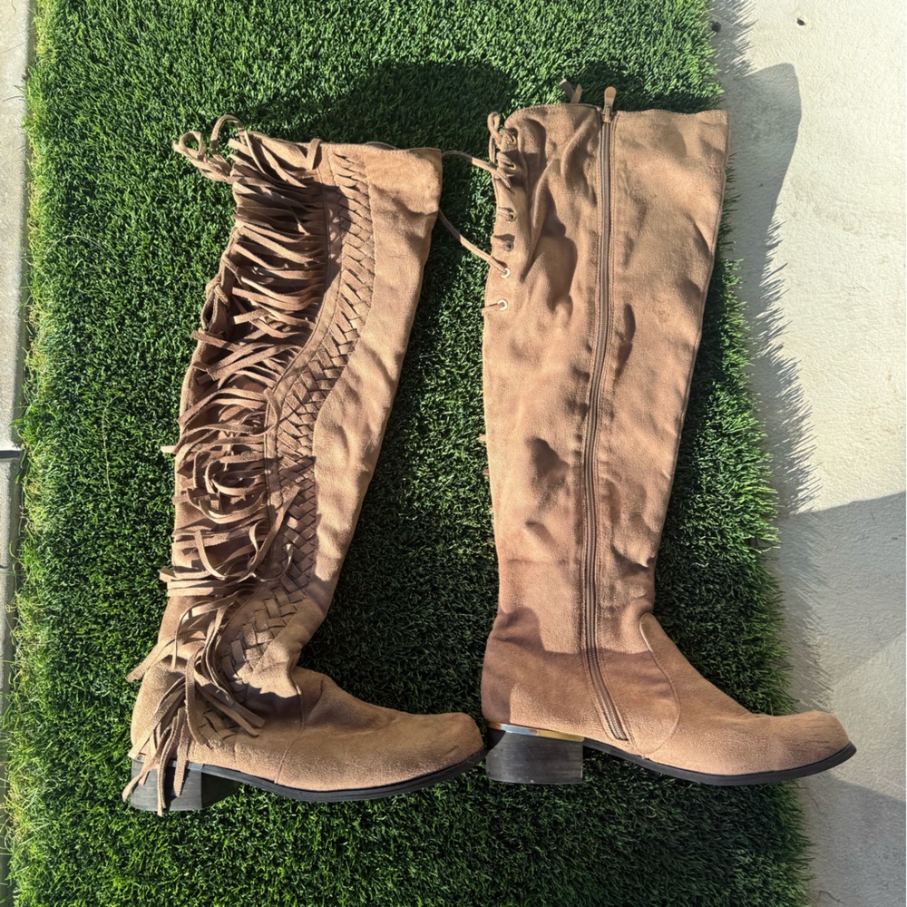 Stylish Fringe Over the Knee Boots - Brown